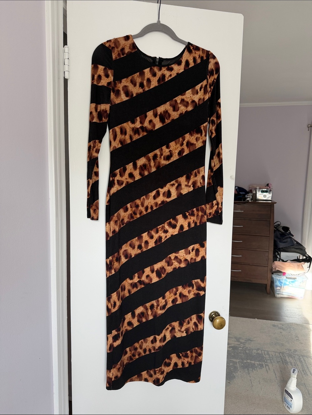 Milly Black and Brown Leopard-Stripe Long Sleeve Maxi Dress